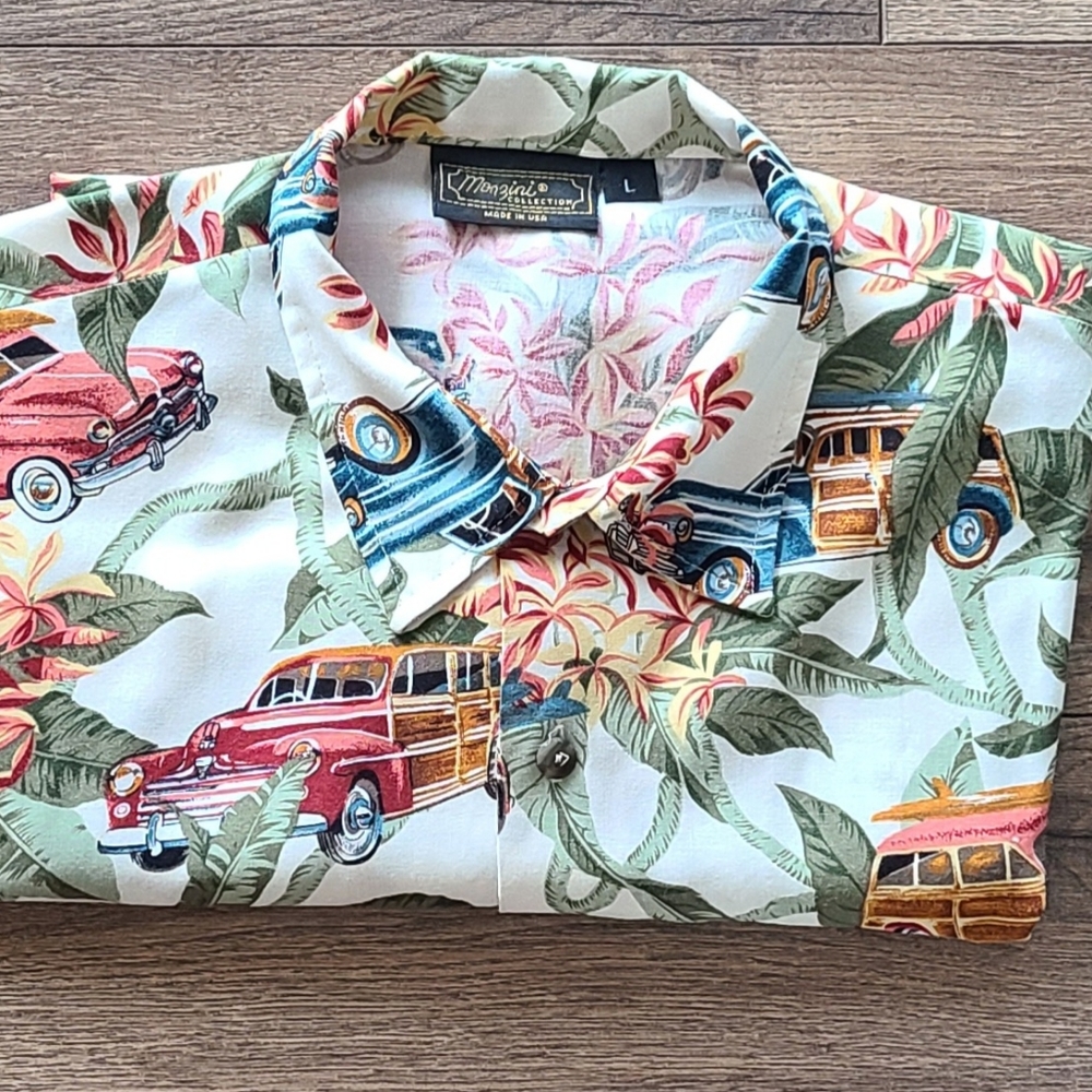 Lightly Worn! MONZINI -Mens Soft Cotton Short Sleeve Hawaiian Shirt, Size Large.